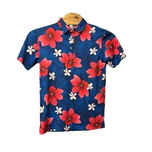 Kaipar Hawaiian Golf Performance Polo Men M Blue‎ Pink Floral All Over Print